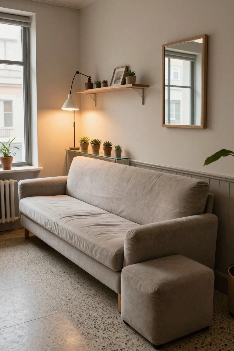 Light gray fabric sofa with matching cube ottoman in a living room featuring houseplants, wooden shelves, a radiator, and a large window.