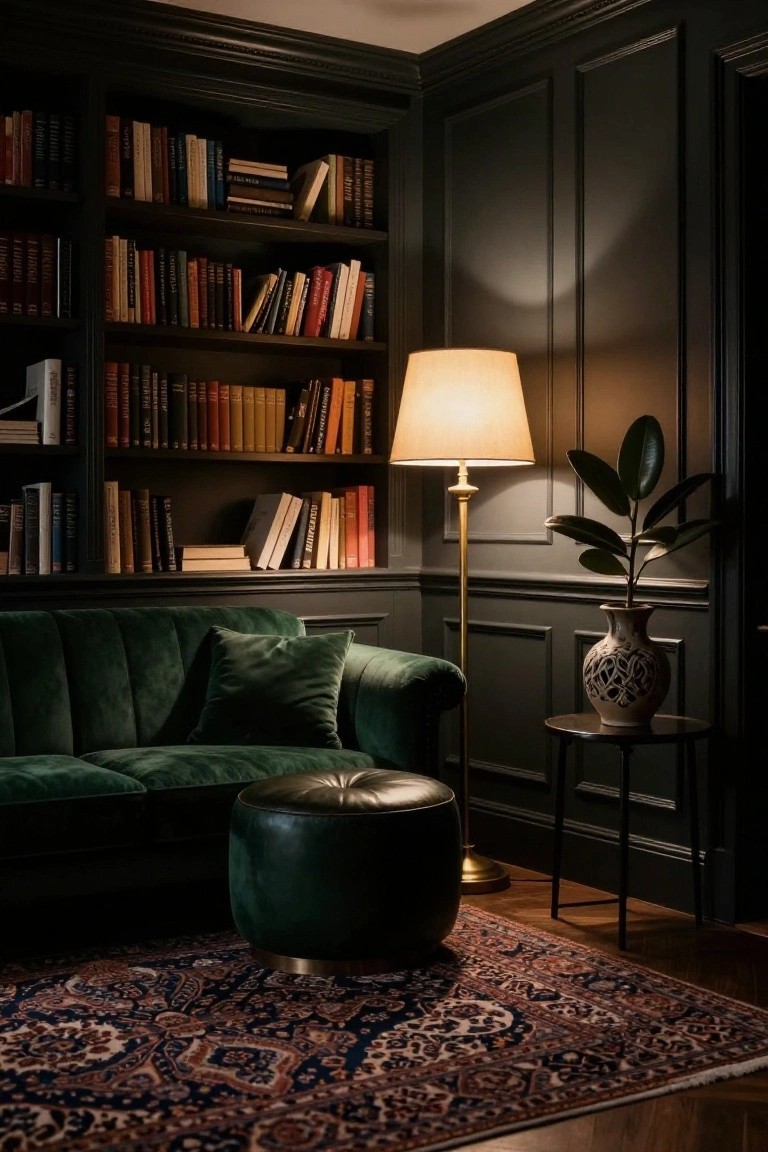 Dark wood-paneled room with built-in bookshelves filled with books, green velvet tufted sofa, green leather ottoman, brass floor lamp, potted plant in ceramic vase on side table, and Persian rug on wood floor.