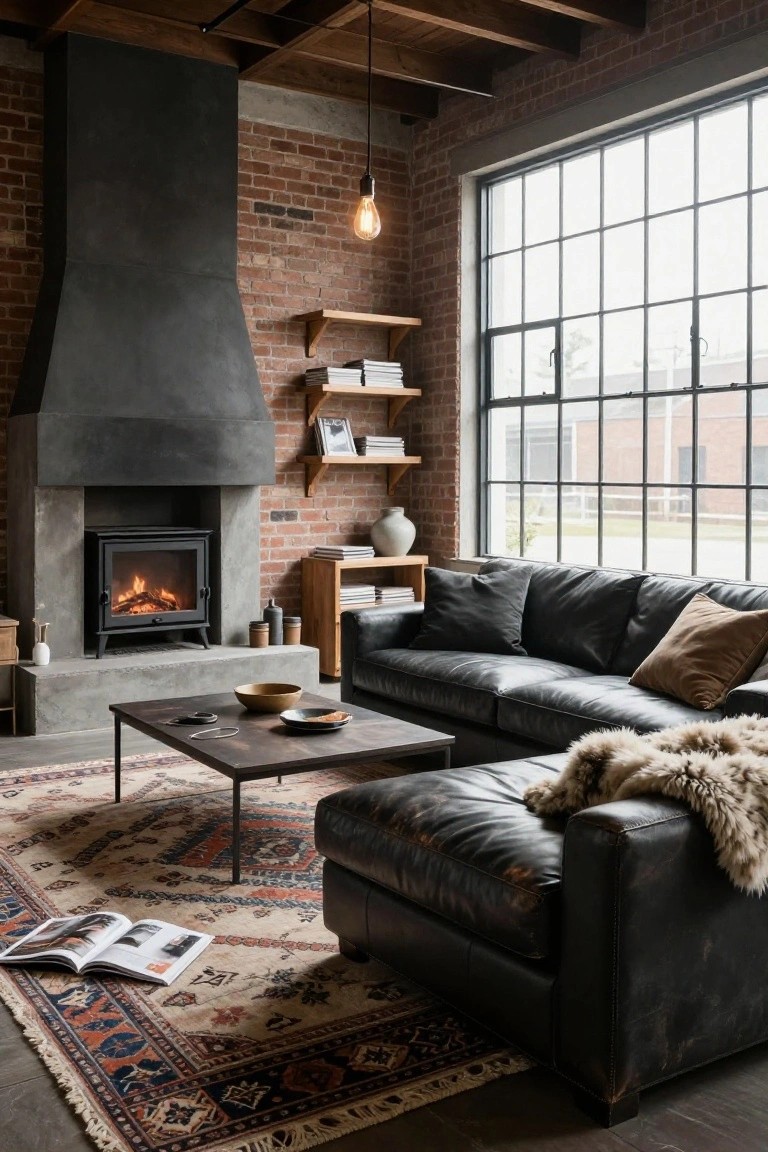 Industrial living room with black L-shaped leather sofa featuring chaise lounge end, modern fireplace, exposed brick walls, wooden floating shelves, large metal-framed windows, low metal coffee table, and patterned rug.
