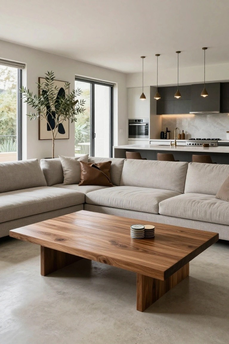 Light gray L-shaped sectional sofa in a modern open-plan living room with a low rectangular wooden coffee table, olive tree artwork on the wall, and kitchen island with bar stools in the background.