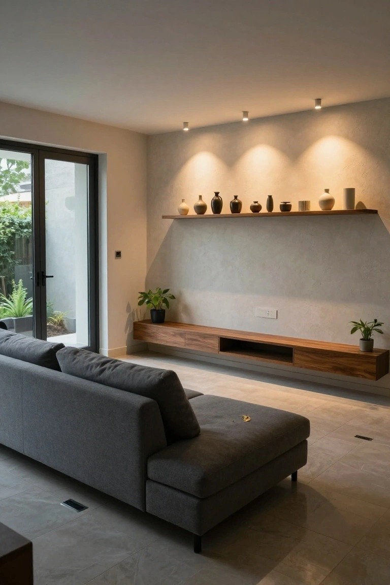 Modern living room featuring a gray L-shaped sofa with chaise lounge facing a floating wooden TV console, shelves displaying ceramic vases above, potted plants on the console and wall, and glass doors leading to a garden.