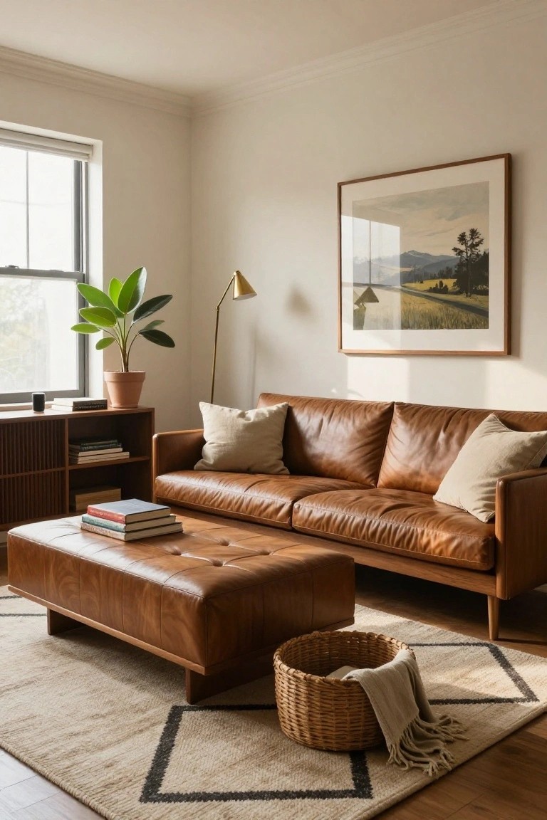 A sunlit living room with a tan leather sofa, matching tufted leather ottoman coffee table, wood media console with books, potted plant by the window, arc floor lamp, and large framed landscape painting on the wall.
