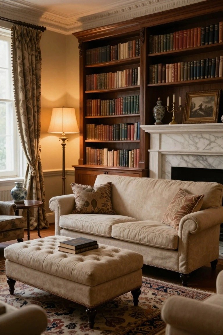 Cream sofa with patterned pillows and tufted ottoman holding stacked books in a wood-paneled library room with floor-to-ceiling bookshelves, marble fireplace, lamp, and side tables.