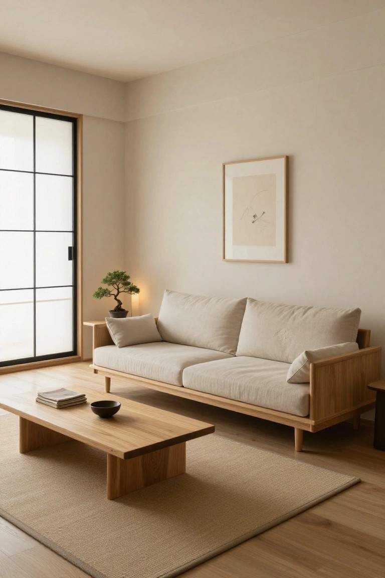 A minimalist indoor living room with a low beige sofa on wooden frame and legs, wooden coffee table, bonsai plant on side table next to sofa, black-framed shoji sliding door, framed artwork on wall, and beige seagrass rug on light wood floor.