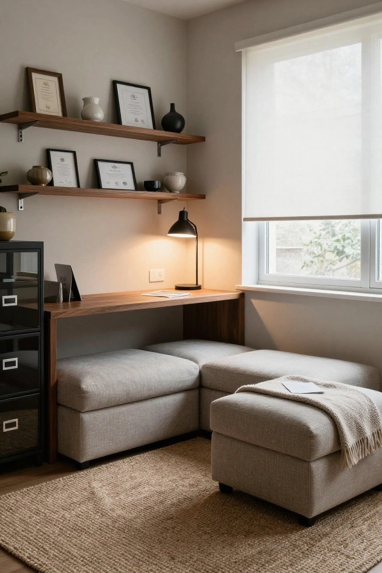 Home office corner featuring a wooden desk with integrated lower section, modular gray fabric L-shaped sofas and ottomans, black metal filing cabinet, wooden shelves holding ceramics and framed art, desk lamp, and window with sheer roller blind.