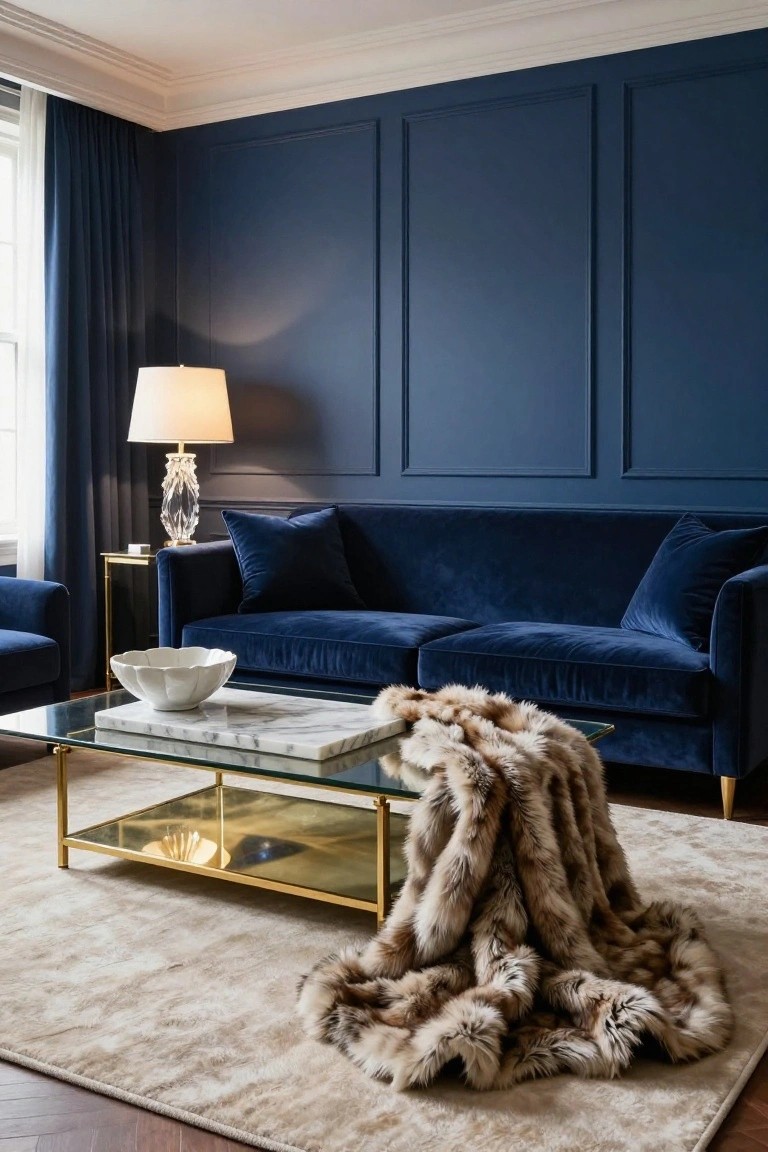 Navy blue velvet sofa with pillows on a navy paneled wall, glass coffee table with marble top, white bowl, fur throw, small matching chair, and lamp on side table in a living room.