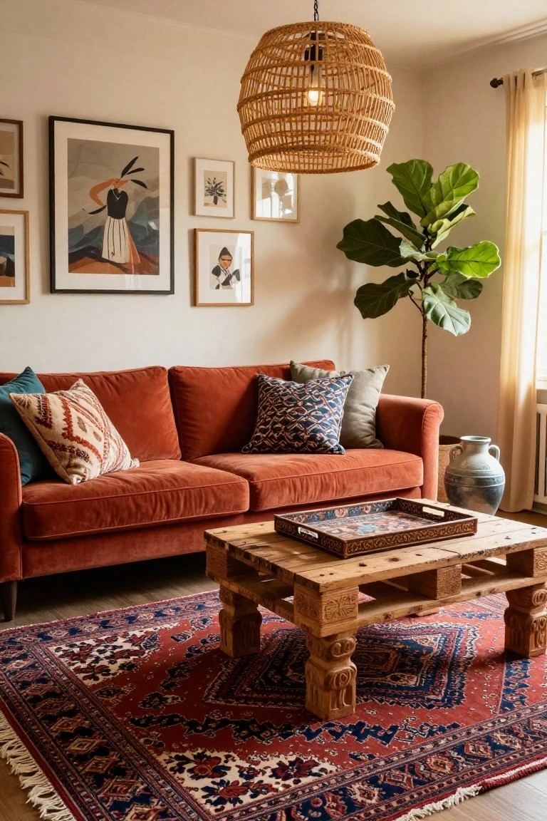 Living room featuring a burnt orange velvet sofa with patterned pillows, wooden pallet coffee table holding a decorative tray, red and blue Persian rug, wall art, fiddle leaf fig plant, and rattan pendant light.