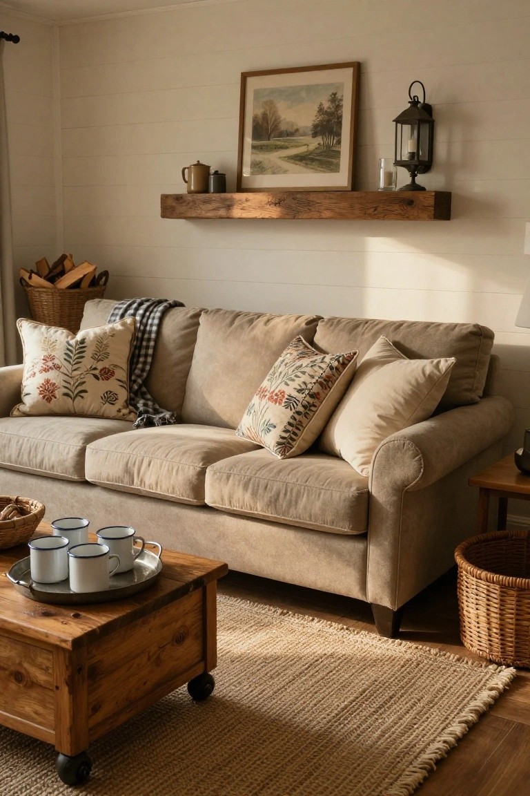 Beige three-seat sofa with floral and checkered pillows and a plaid throw on a light shiplap wall, facing a wooden trunk-style coffee table on black casters with a tray of white mugs and woven baskets nearby in a cozy living room.