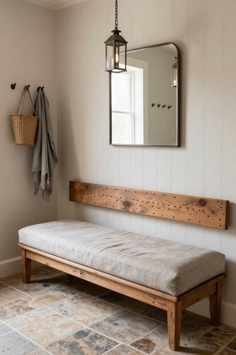 Entryway featuring a wooden bench with pegged backboard against white paneled wall, gray linen cushion on seat, woven basket and scarf on hooks, round mirror, and hanging lantern light over tiled floor.