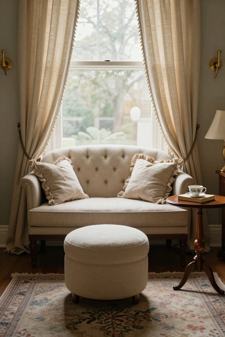 Beige tufted loveseat with ruffled pillows on a window seat area, paired with a white round pouf ottoman, sheer curtains on the window, and a side table holding a teacup and book.