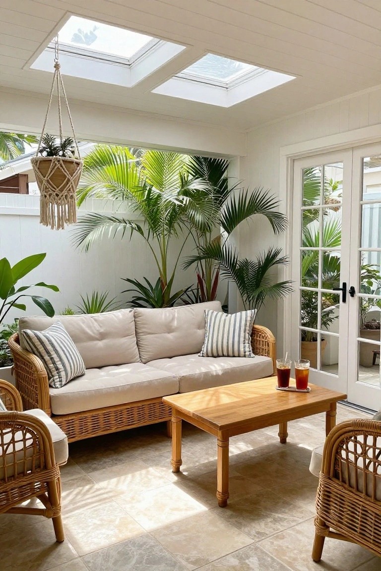 Sunlit enclosed porch with beige wicker sofa, two matching armchairs, wooden coffee table holding two glasses of iced tea, tropical plants, hanging macrame planter, skylights, and white French doors to garden.