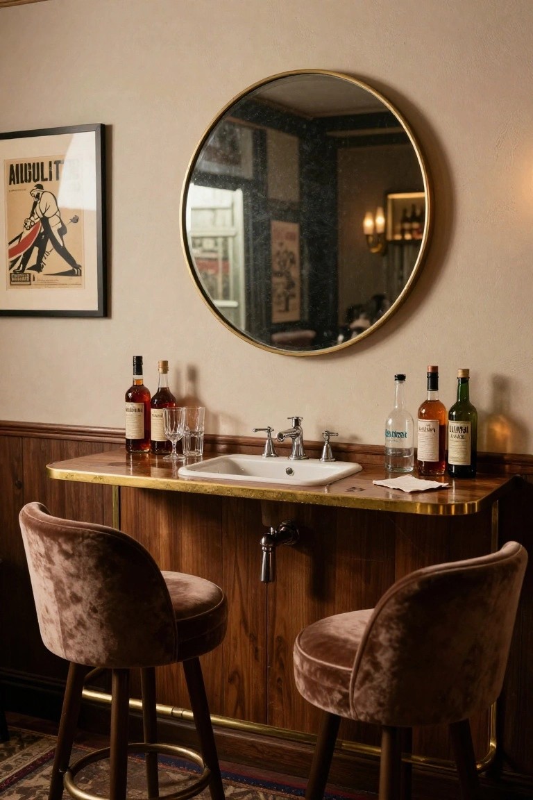 A wooden sideboard with brass trim holds a white sink and faucet, with liquor bottles, glasses, and two brown velvet bar stools in front of it, plus a round mirror above.