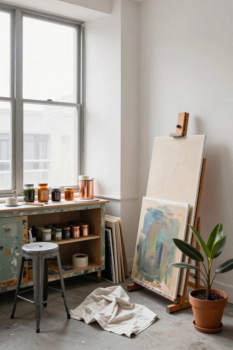 Artist's studio with paint jars, easel, abstract canvas, stool, and plant.