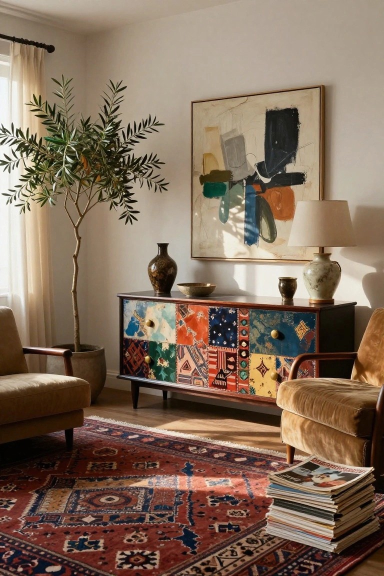 A living room with a long wooden sideboard covered in colorful patchwork panels, positioned below an abstract painting and between two brown armchairs on a red patterned rug.