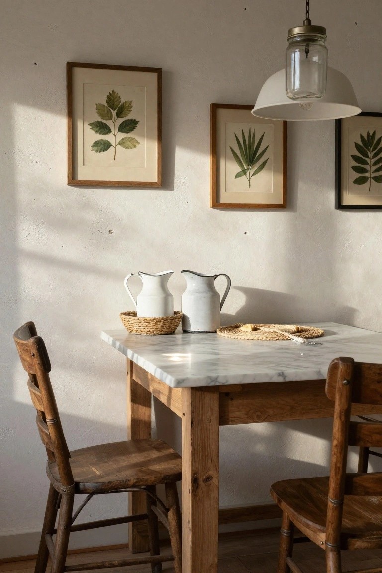 A wooden dining table with a marble top holds two white pitchers and woven placemats, with framed botanical prints on the textured wall behind it.