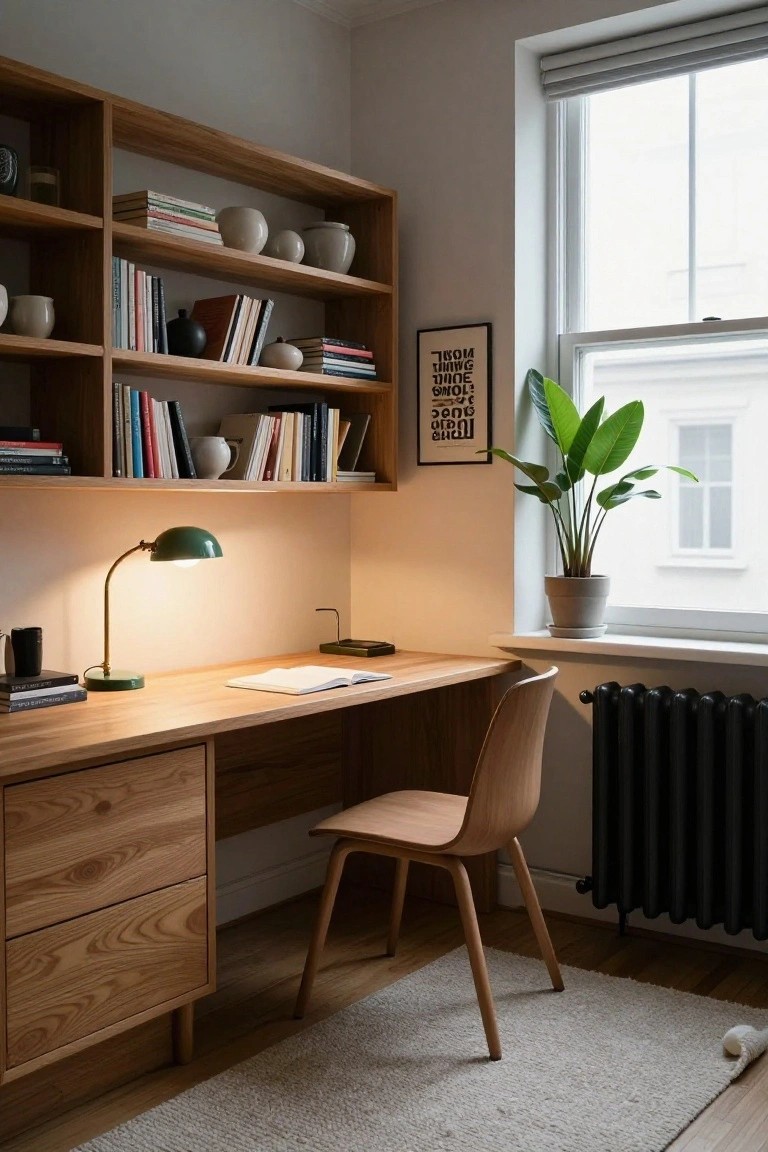A light wood built-in desk and shelving unit beneath a window, with an open book on the desk and a potted plant on the sill.