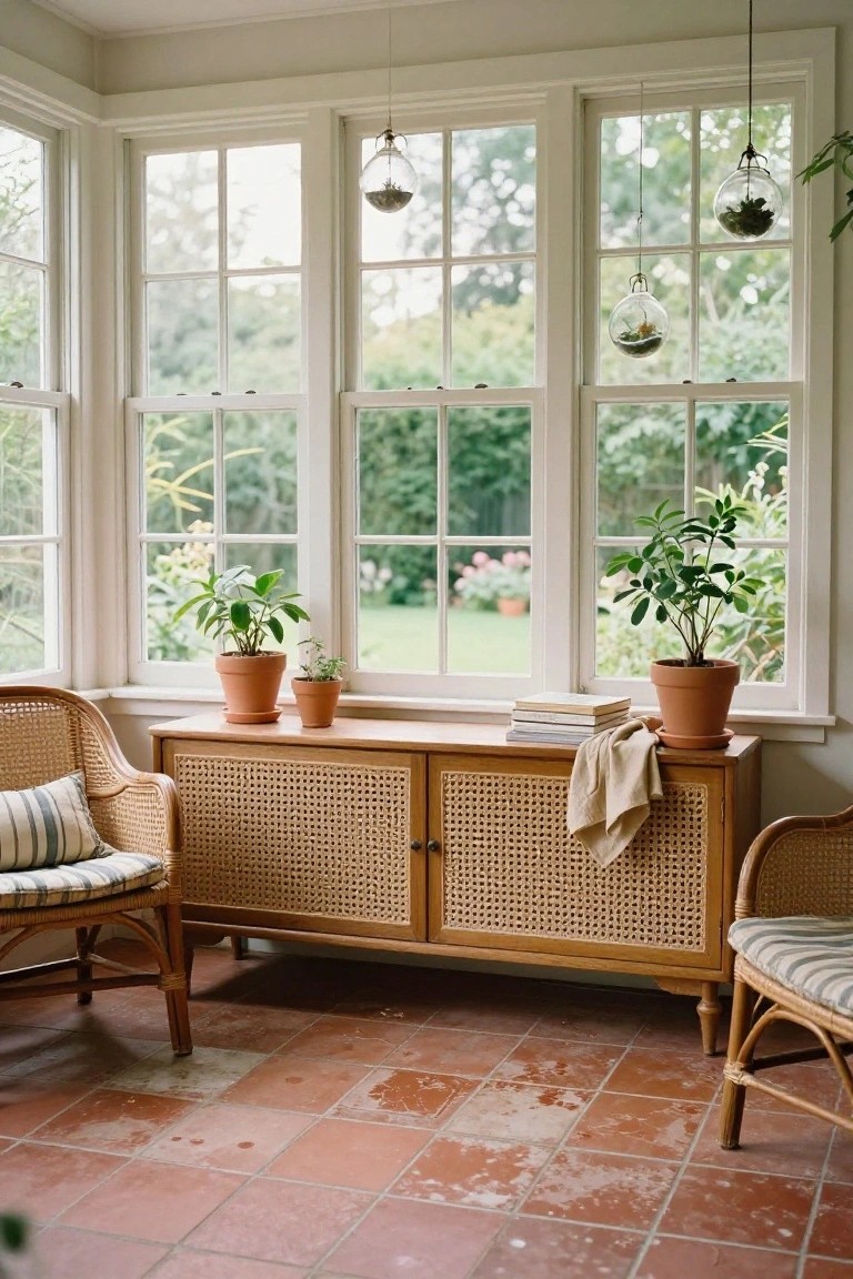 Cozy sunroom with terracotta tile floor, rattan furniture, and potted plants.