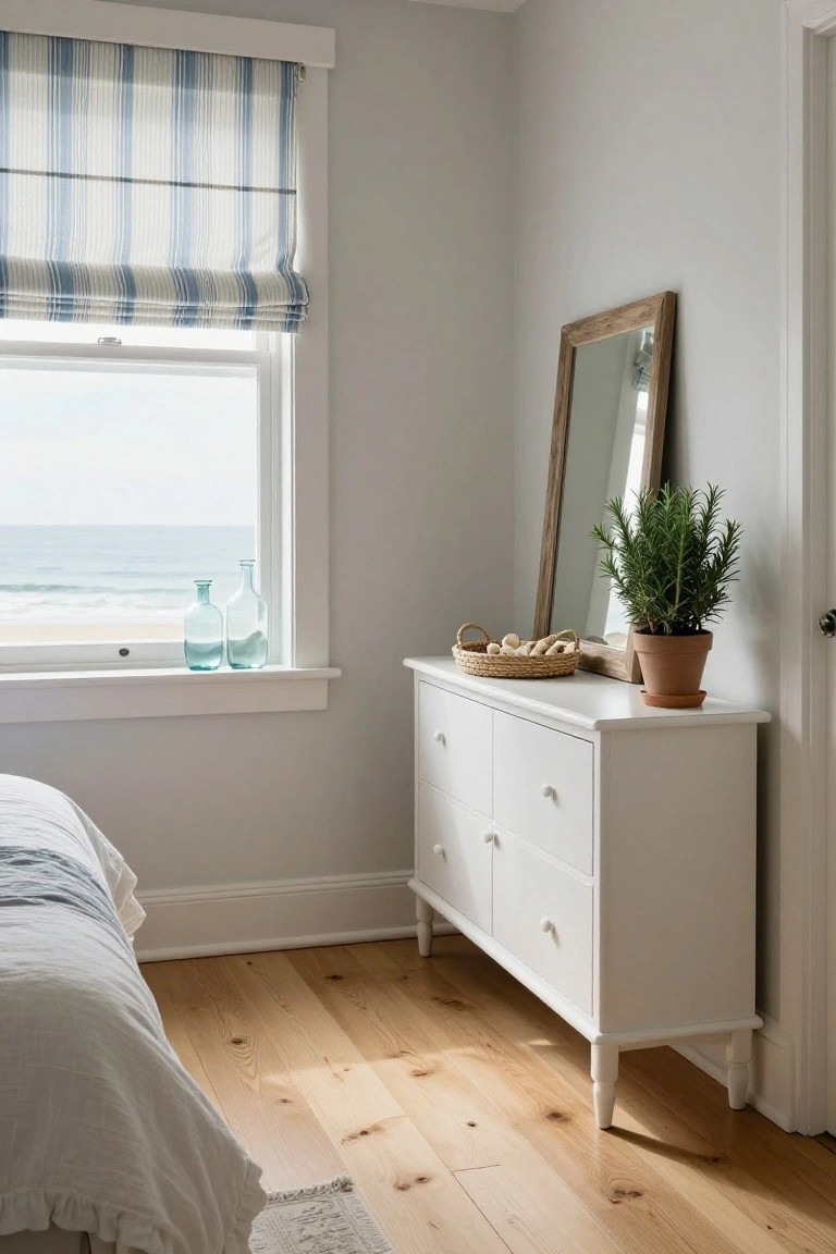 White dresser with mirror beside window overlooking ocean in bright bedroom.