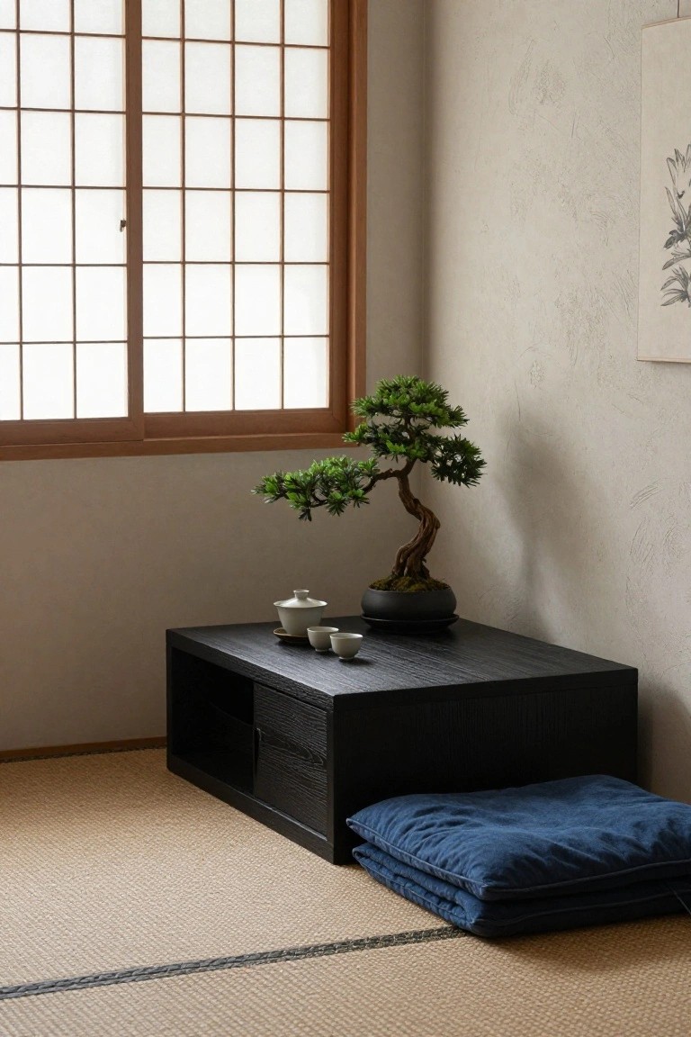 Japanese room with bonsai tree, tea set on black table, and blue cushions.