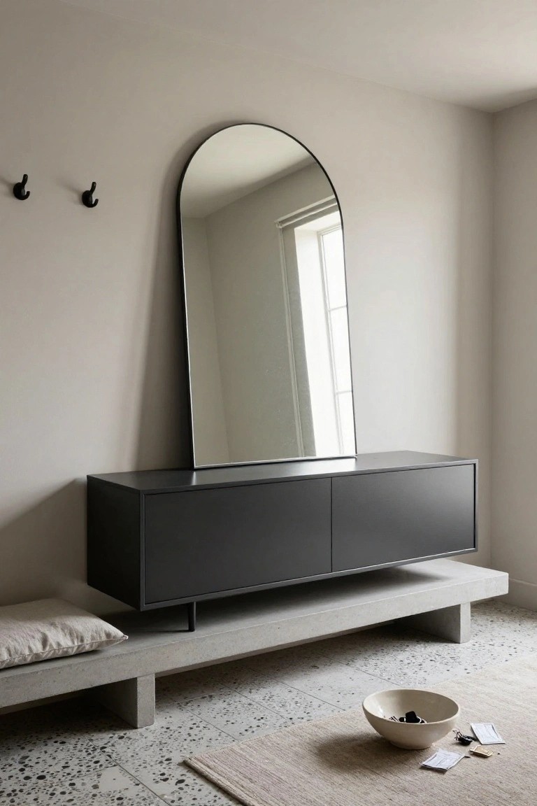 A long dark gray sideboard rests on a concrete bench beneath a large arched mirror in a minimalist entryway.
