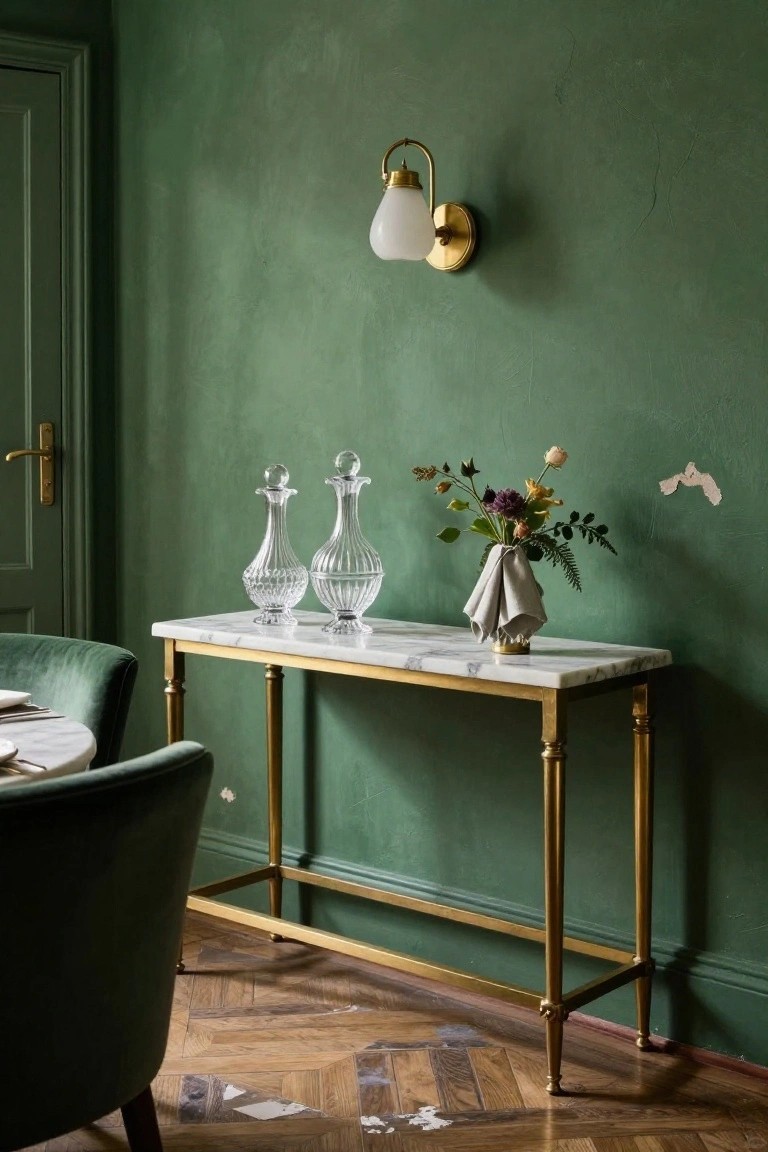 A white marble console table with brass legs stands against a green wall, holding two crystal decanters and a small flower arrangement.