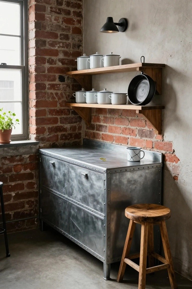 A galvanized metal sideboard with riveted panels sits below two wooden shelves holding white pots and a black pan against an exposed brick wall.