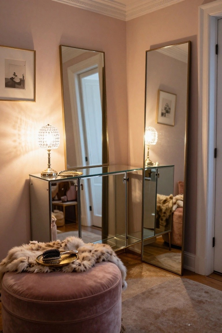 Two mirrored sideboards with gold frames stand against pink walls, topped with crystal lamps, in front of a pink velvet ottoman with a fur throw.