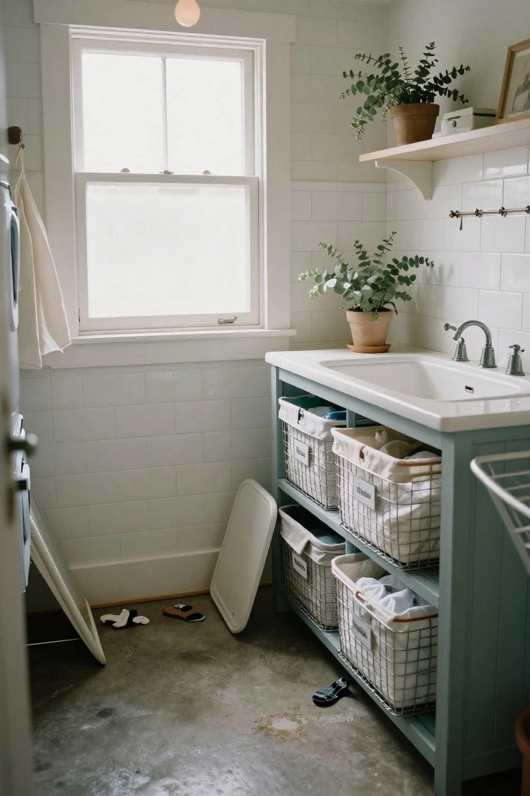 A laundry room sink set into a light blue-green sideboard with open wire storage baskets below and potted plants on the counter.