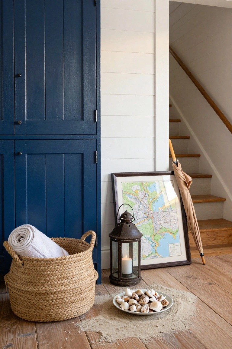 A navy blue painted cabinet stands beside a woven basket with a rolled towel in a wood-floored entryway next to a framed map and lantern.