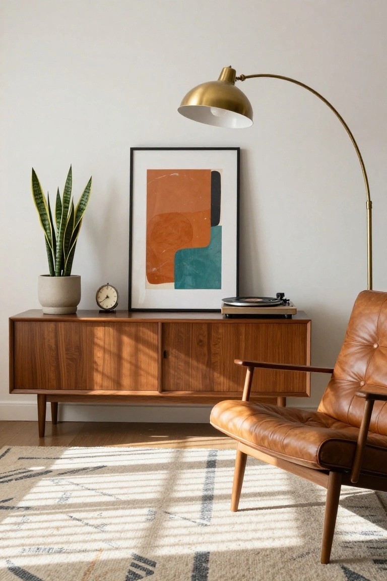 A mid-century wooden sideboard in a living room holds a record player on the right, a potted snake plant and small clock on the left, with abstract art hanging above it and a brown leather chair visible to the side.