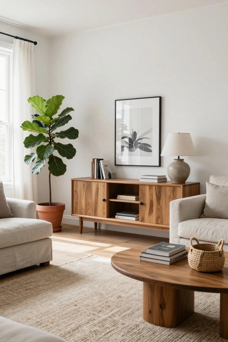 Modern living room with wooden console, fiddle-leaf fig, and neutral furnishings.