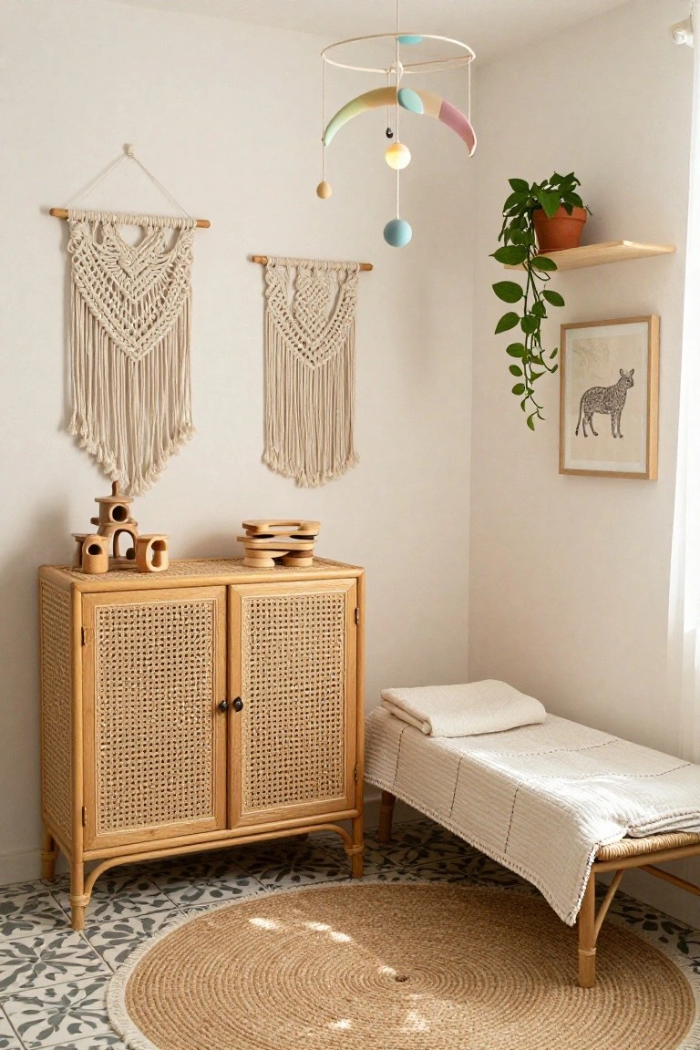 Bright boho nursery with woven cabinet, macramé hangings, mobile, and jute rug.