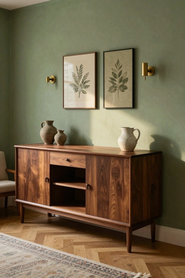 A walnut sideboard with closed side cabinets, a central open shelf area, and a single drawer sits against a green wall beneath two framed botanical prints.