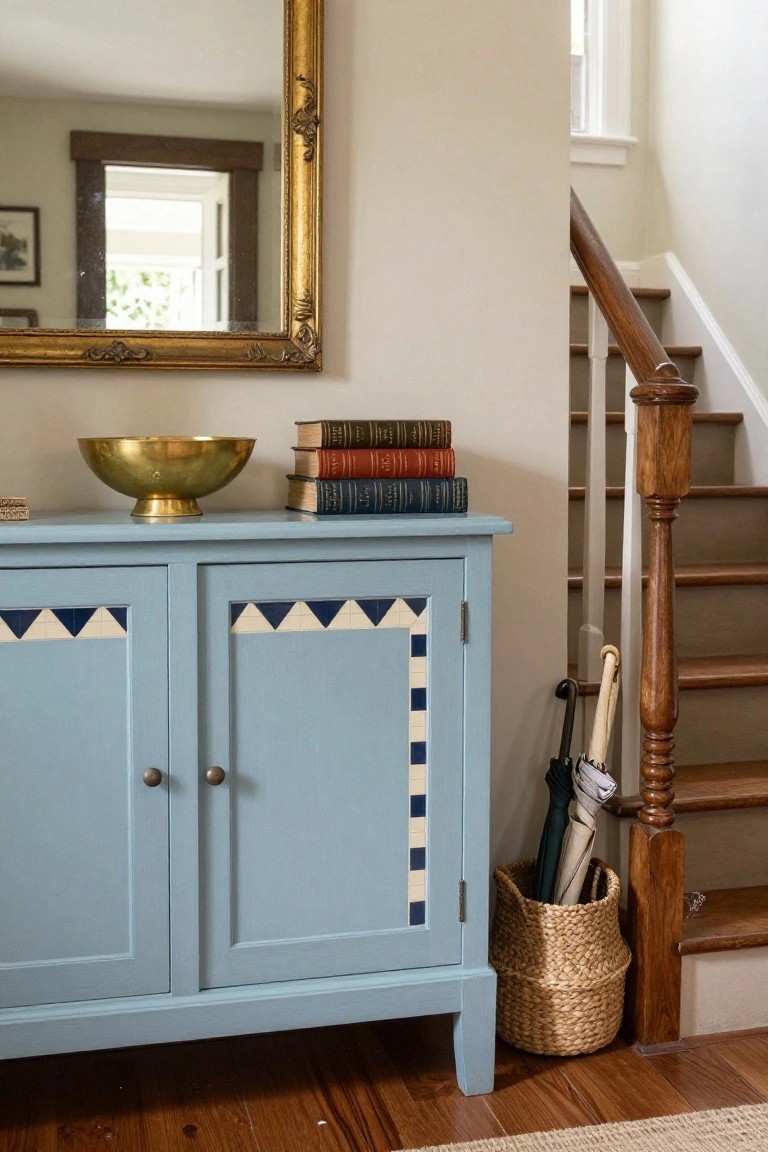 Light blue cabinet with tiled doors, books, and umbrella basket by staircase.