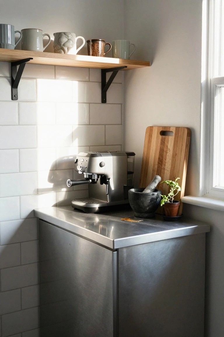 Stainless steel espresso machine on kitchen counter with mugs and cutting board.