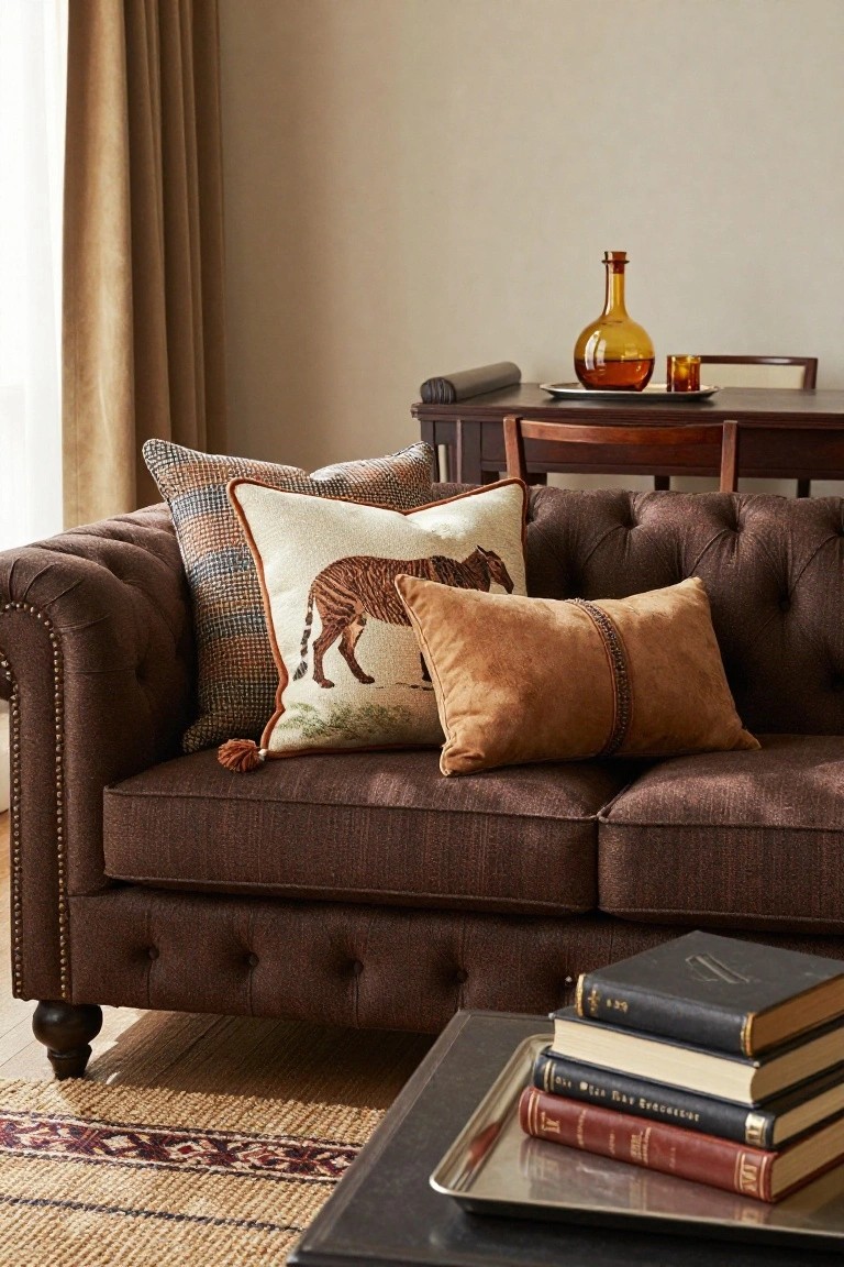Brown tufted Chesterfield sofa with white embroidered tiger print throw pillow, plaid edge pillow, tan suede lumbar pillow, low tray table holding stacked books, and nearby wood side table with amber glass decanter and tumbler.