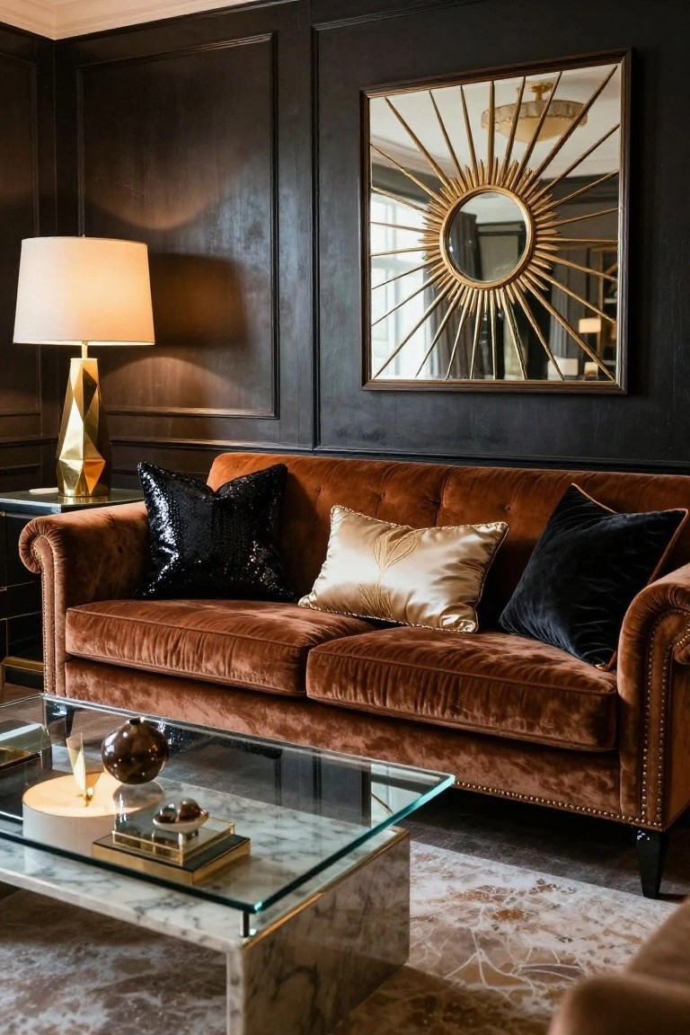 Rust-brown tufted velvet sofa with black sequin, gold satin, and black velvet throw pillows on a glass-top coffee table in a dark-paneled room with gold lamp and sunburst mirror.