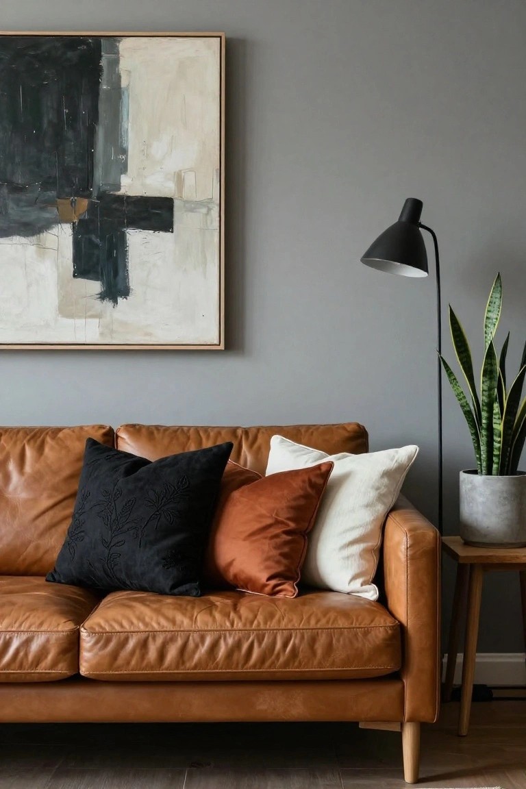 Tan leather two-seater sofa with black embroidered, rust, and white throw pillows on the right arm, beside a tall snake plant in a gray pot on a wood side table, arc floor lamp, and abstract painting on gray wall.