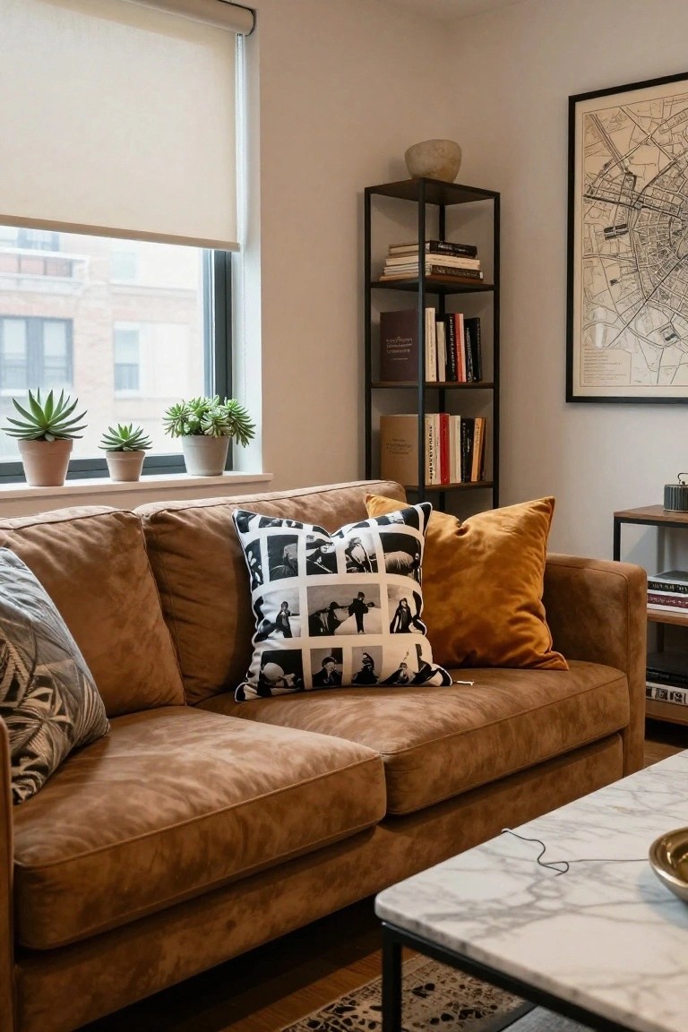 A tan suede sofa in a light living room with black-and-white graphic throw pillows depicting figures, mustard velvet pillows, plants on the windowsill, black metal bookshelves, and a white marble coffee table.