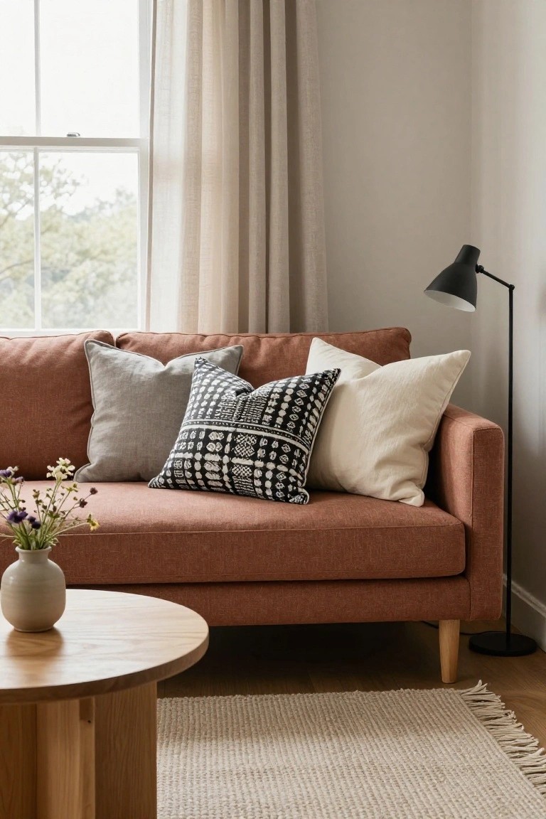 Rust fabric sofa with gray linen, black-and-white patterned, and cream throw pillows, next to a round wooden coffee table with a small vase of wildflowers, in a light room with sheer curtains, black floor lamp, and seagrass rug.