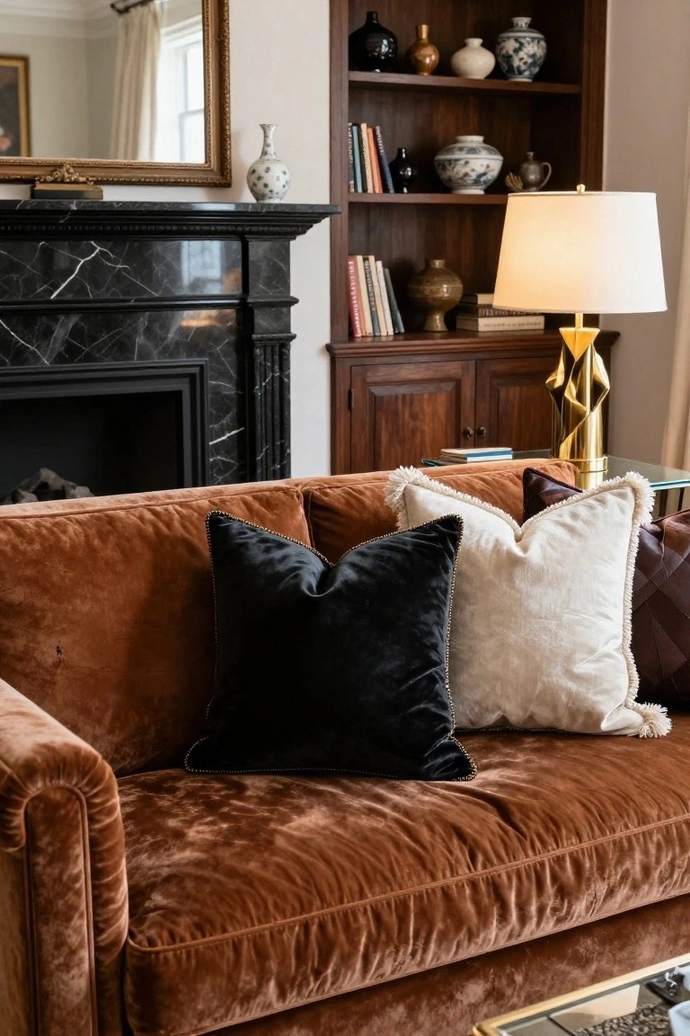 Rust-colored velvet sofa with black velvet throw pillows edged in gold braid, white fringed pillows, and cream pillows, in a living room featuring a black marble fireplace and wooden bookshelves with ceramics.