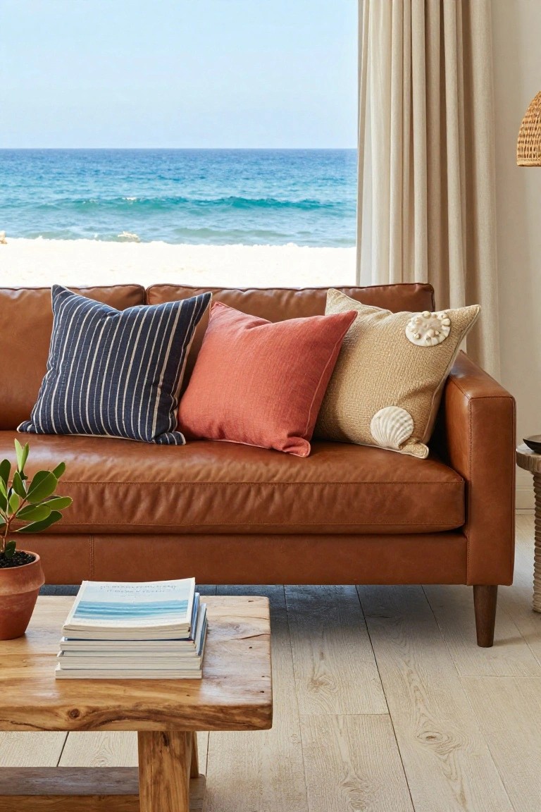 Tan leather sofa with navy striped pillow, peach linen pillows, and beige textured pillow with seashell embellishment, facing large windows with beach view, wooden coffee table with stacked books, potted plant, and side table in bright room.