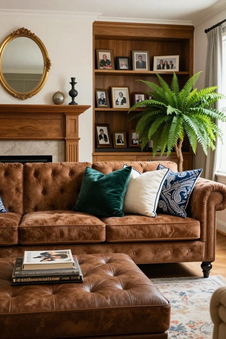 Brown tufted leather sofa with emerald green velvet, white, and navy blue patterned throw pillows in a living room with wooden bookshelves, fireplace, and potted plant.