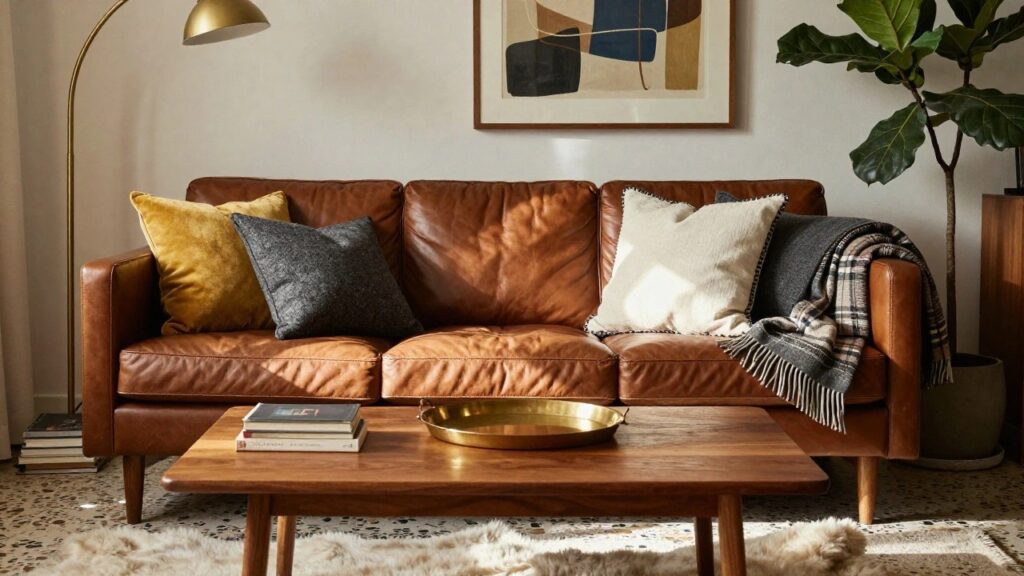 21 Throw Pillow Ideas for Brown Sofas With Rich Contrast A brown leather sofa in a living room corner with mustard yellow velvet, gray knit, and white throw pillows, a plaid wool blanket draped over it, a wooden coffee table with books, a fiddle leaf fig plant, and an arched floor lamp nearby.