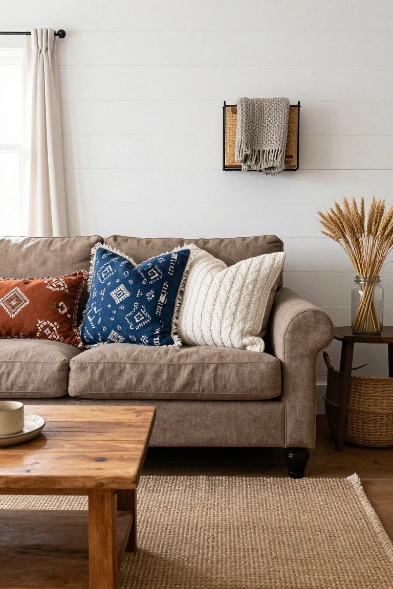 A tan fabric sofa with fringed blue geometric, rust geometric, and white knit throw pillows, next to a wooden side table holding wheat stalks in a glass jar and a woven basket, in a room with white shiplap walls, sheer curtains, and a seagrass rug.