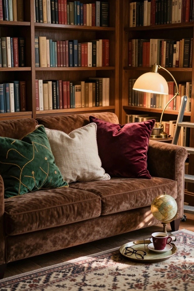 Brown velvet sofa in a wood-paneled library room with green, cream, and burgundy throw pillows, brass lamp, globe, and tray with glasses and red coffee cup on the floor.
