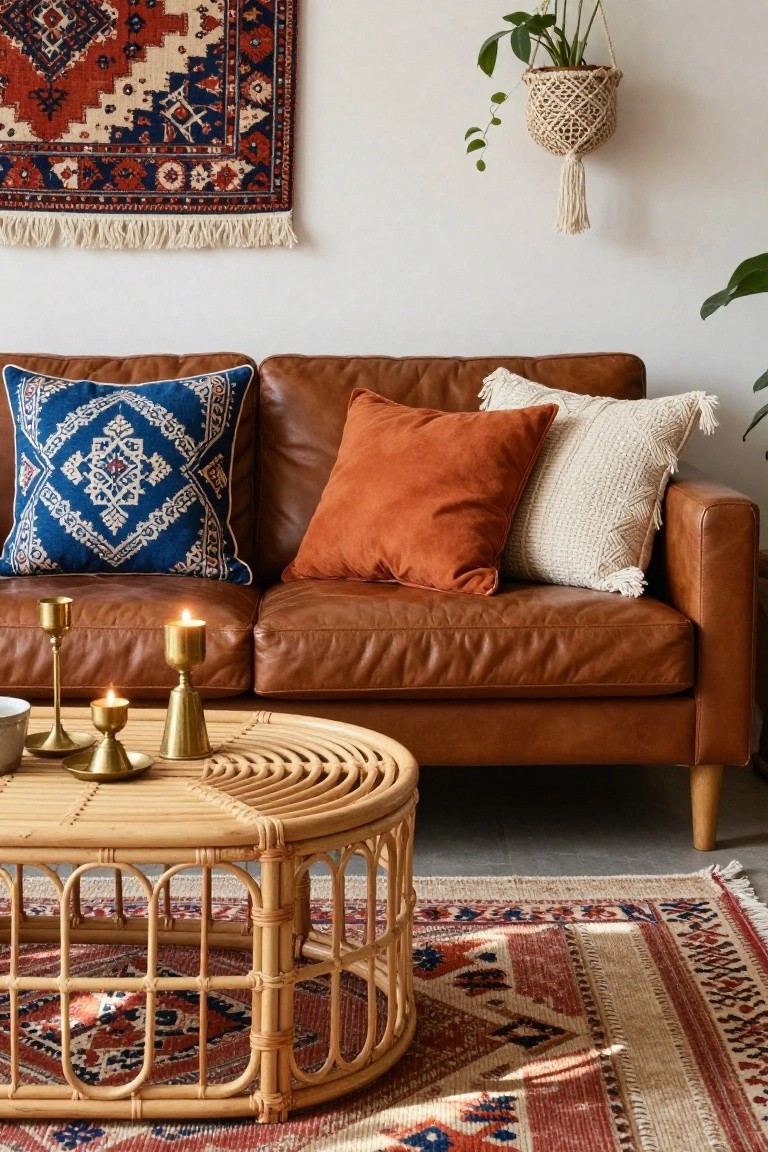 Tan leather sofa with blue patterned pillows, orange cushions, white textured pillows, brass candlesticks on rattan coffee table, patterned rug, wall hanging, and hanging plant in a living room.