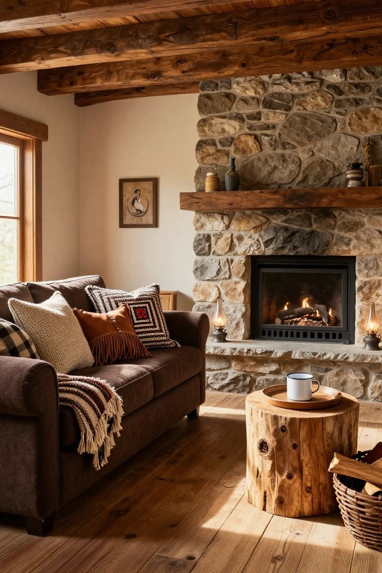 Brown sofa with layered throw pillows in white, orange, plaid, and patterned fabrics, positioned in front of a stone fireplace in a rustic room with wooden beams and flooring.