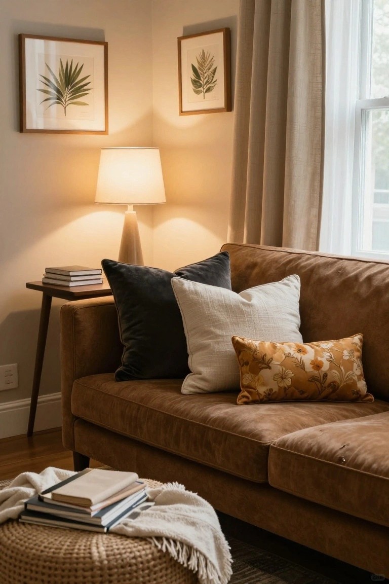 Brown leather sofa in a living room corner with layered throw pillows in black velvet, white linen, and orange floral patterns, beside a wooden side table holding books and a lamp, near a window with beige curtains.