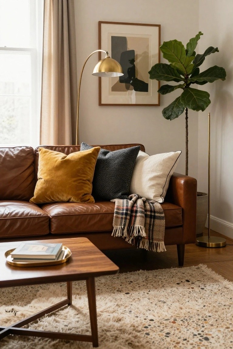 A brown leather sofa in a living room corner with mustard yellow velvet, gray knit, and white throw pillows, a plaid wool blanket draped over it, a wooden coffee table with books, a fiddle leaf fig plant, and an arched floor lamp nearby.